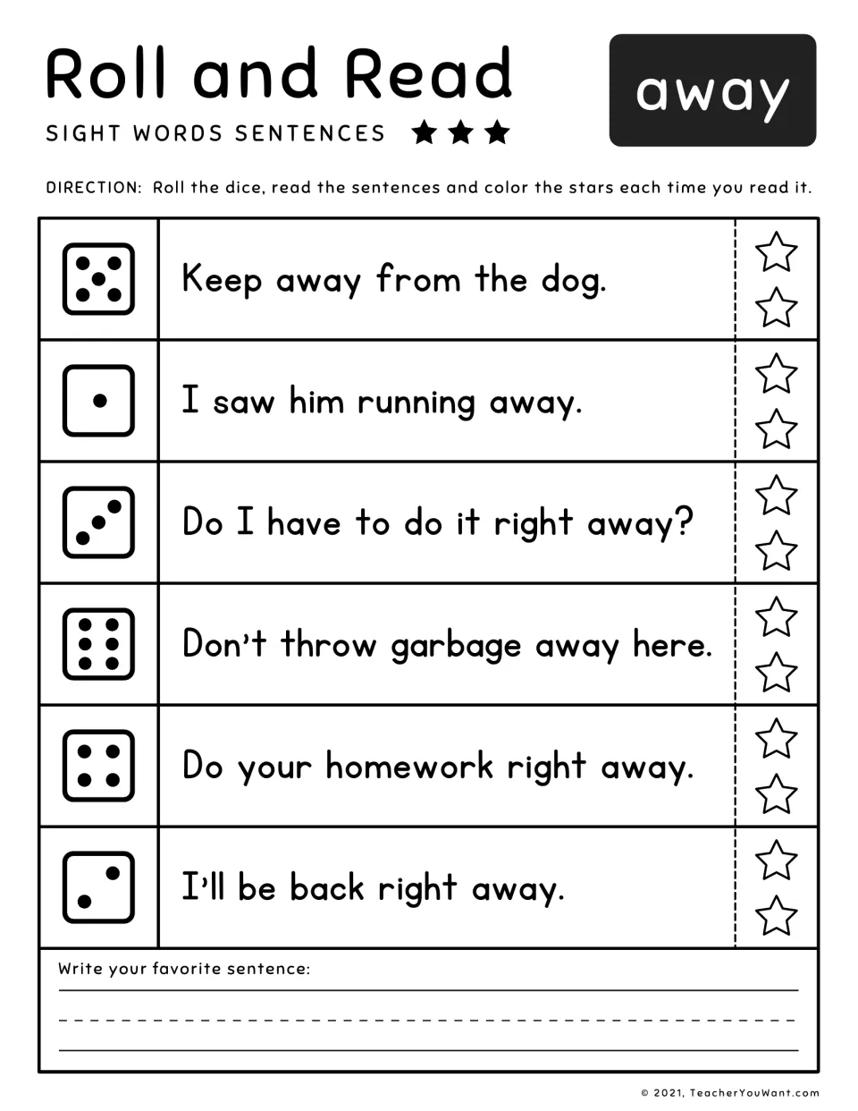 Sight word 'away' roll-and-read practice: six sentences, including 'Do your homework right away.'