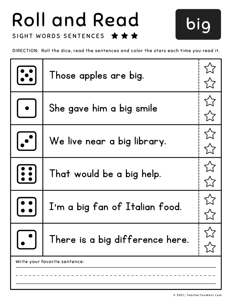 Sight word 'big' roll-and-read practice: six sentences, including 'We live near a big library.'