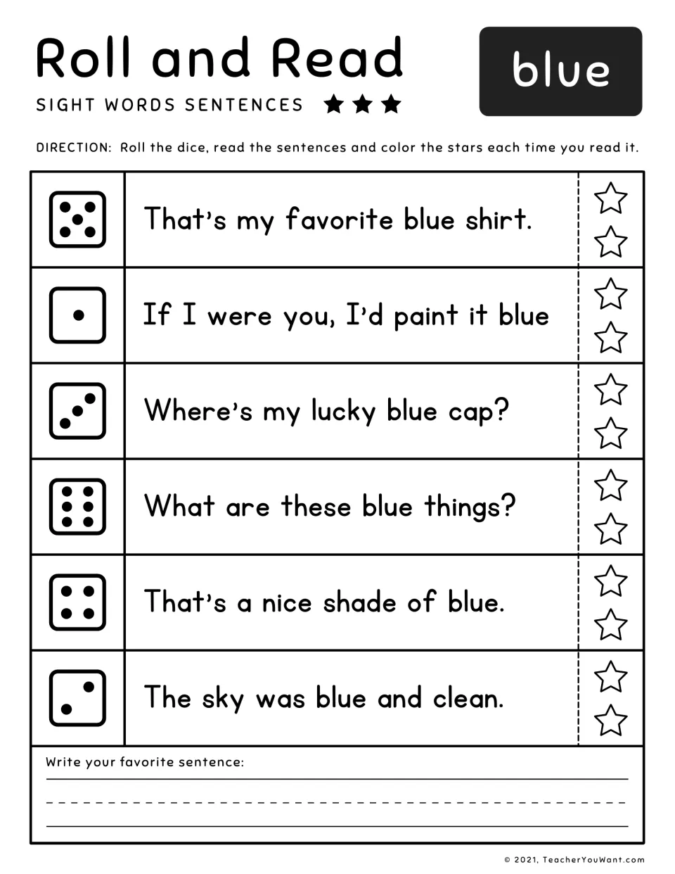 Sight word 'blue' roll-and-read practice: six sentences, including 'That's my favorite blue shirt.'