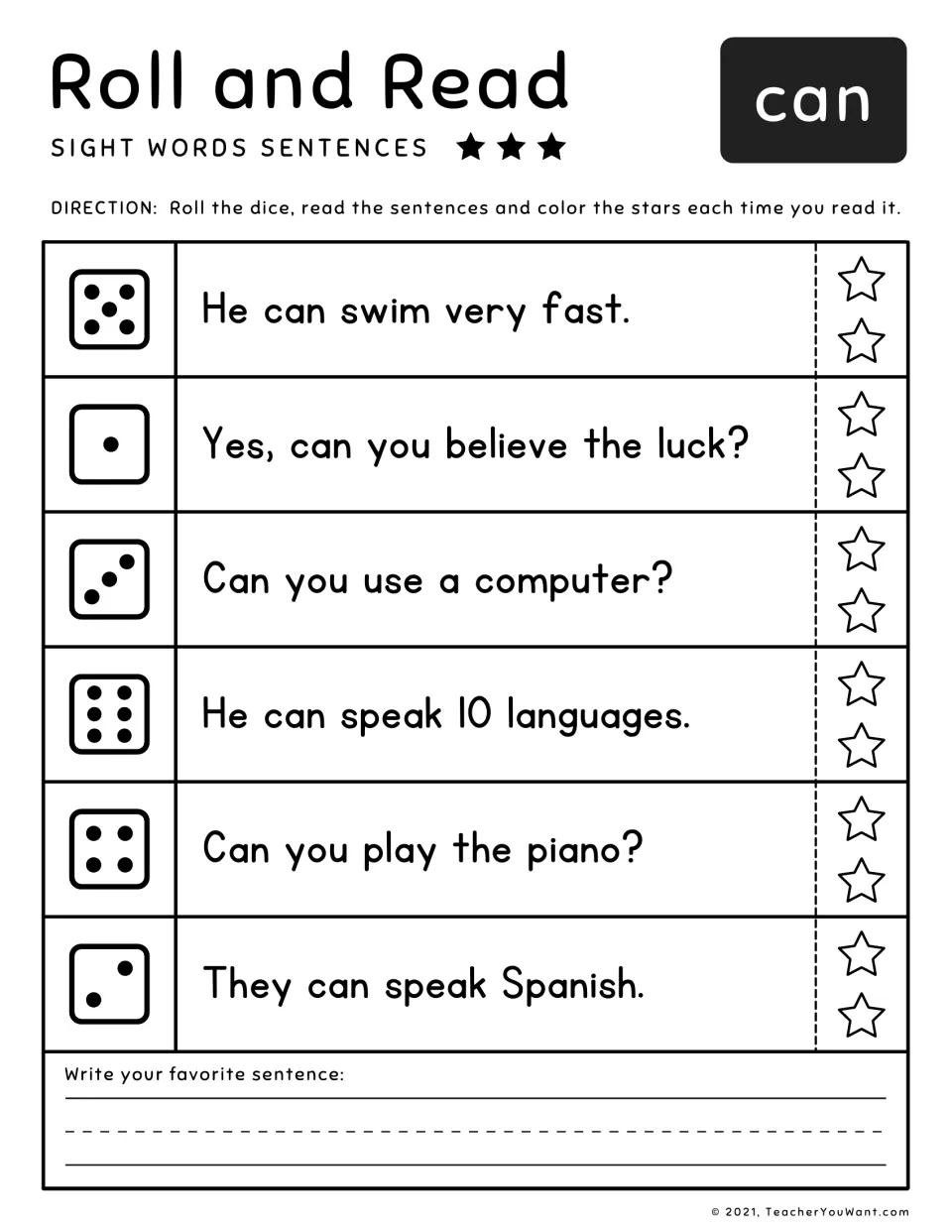 Sight word 'can' roll-and-read practice: six sentences, including 'Can you use a computer?'