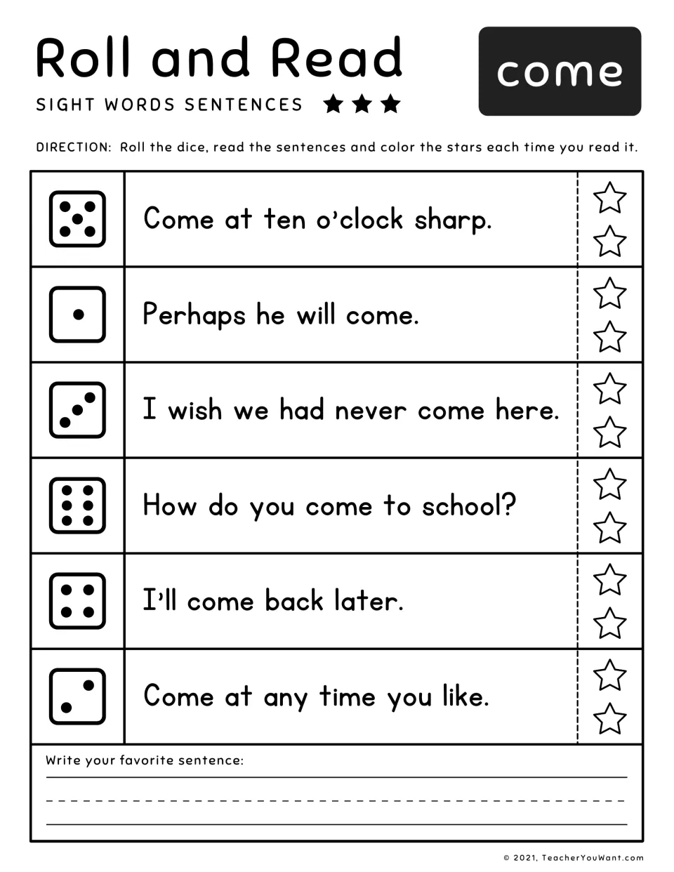Sight word 'come' roll-and-read practice: six sentences, including 'How do you come to school?'
