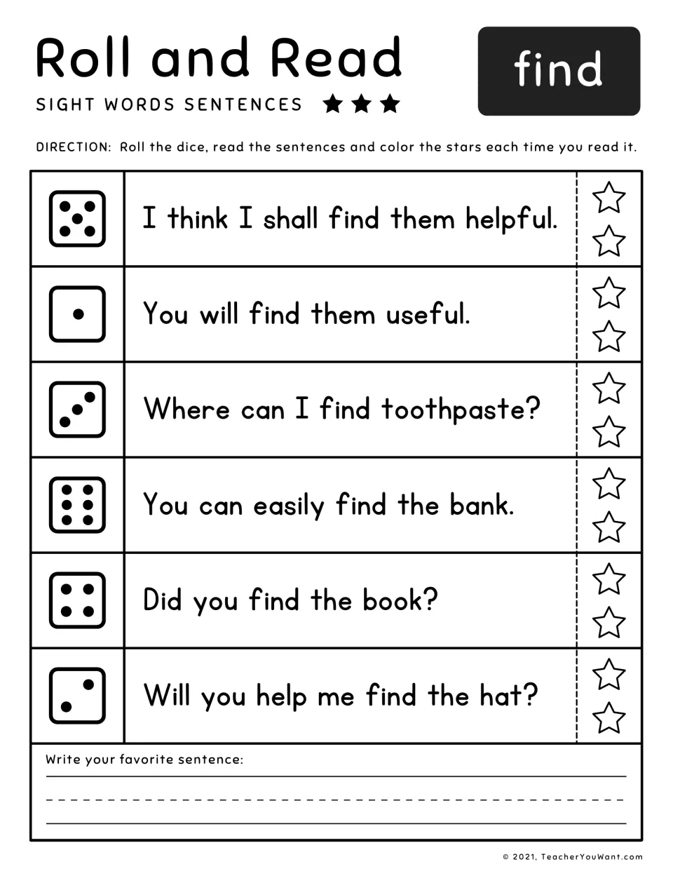 Sight word 'find' roll-and-read practice: six sentences, including 'Will you help me find the hat?'