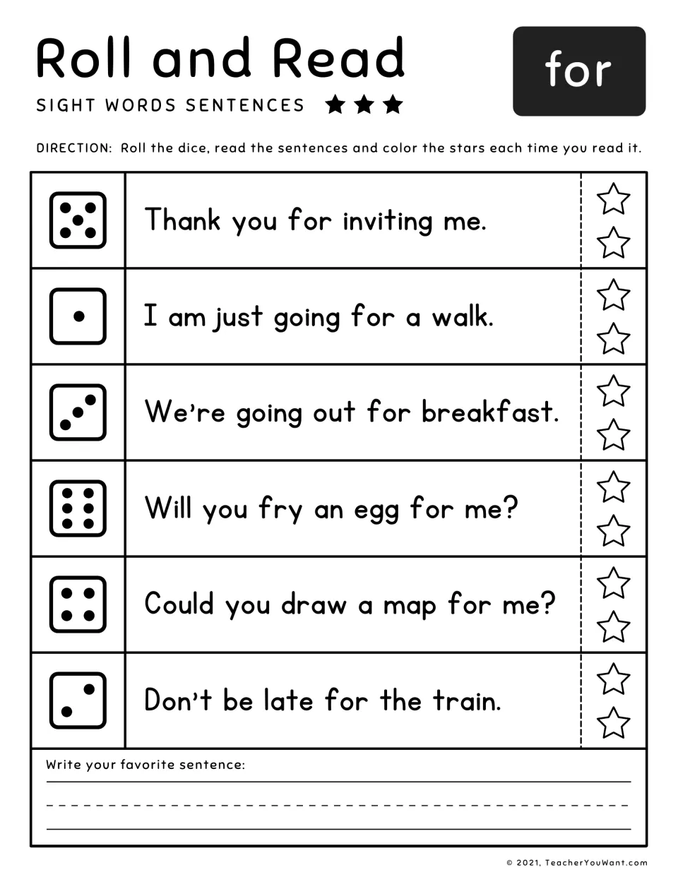 Sight word 'for' roll-and-read practice: six sentences, including 'Could you draw a map for me?'