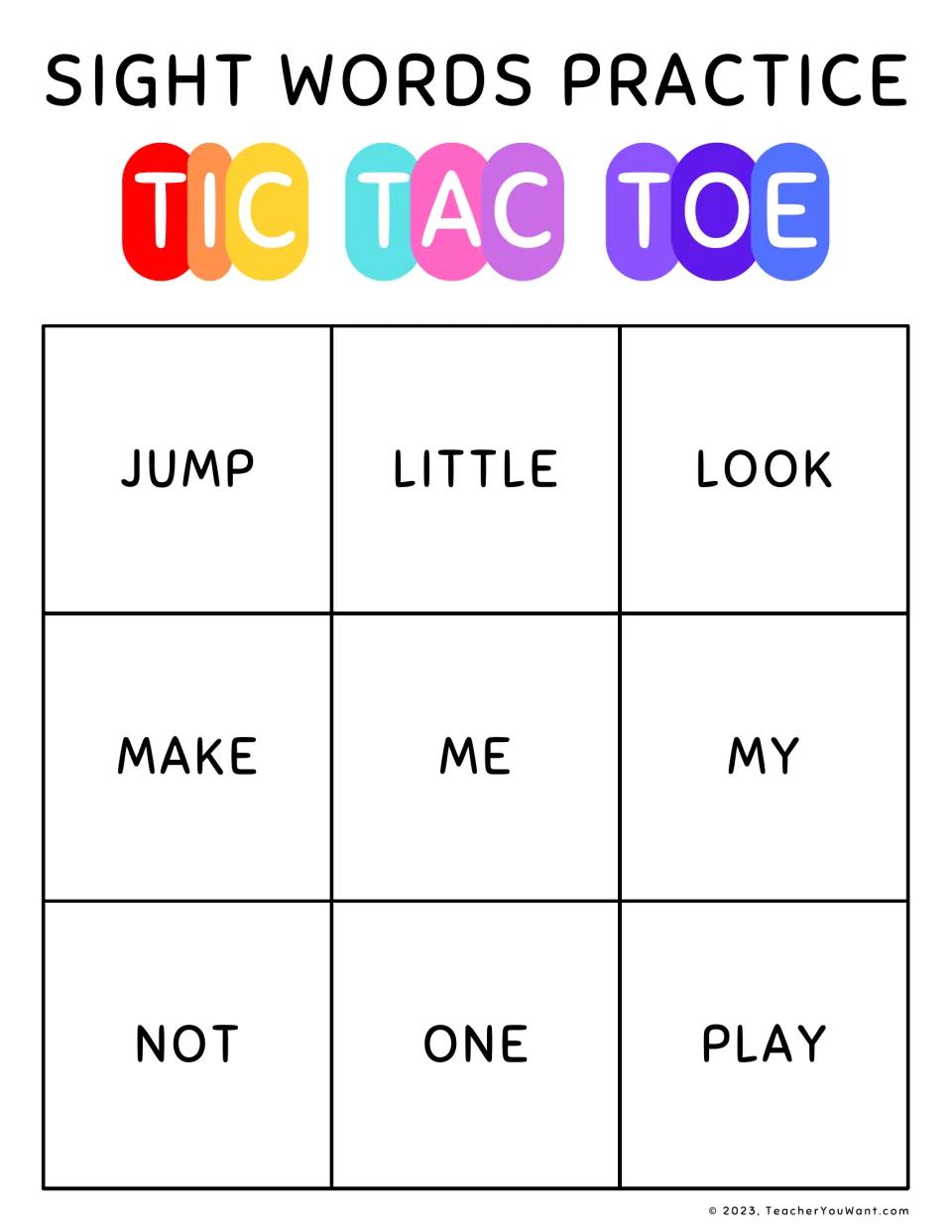 Sight word game board: children read jump, little, look, make, me, my, not, one and play aloud to win three in a row