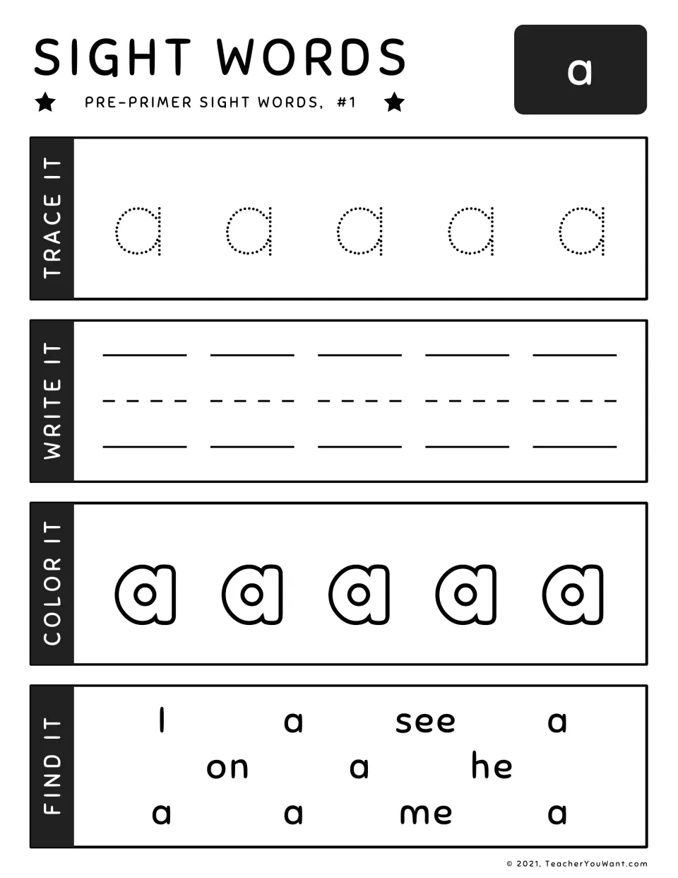 Sight word "a" (#1): students trace it, write it, color bubble letters, then find the 6 a's among I, see, on, he, me