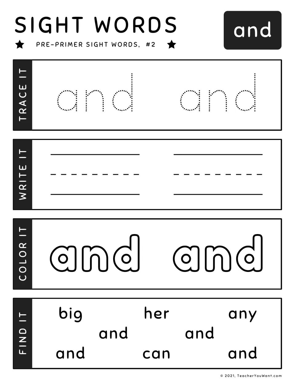 Sight word "and" (#2): trace, write and color the word, then spot 4 copies of and mixed with big, her, any and can