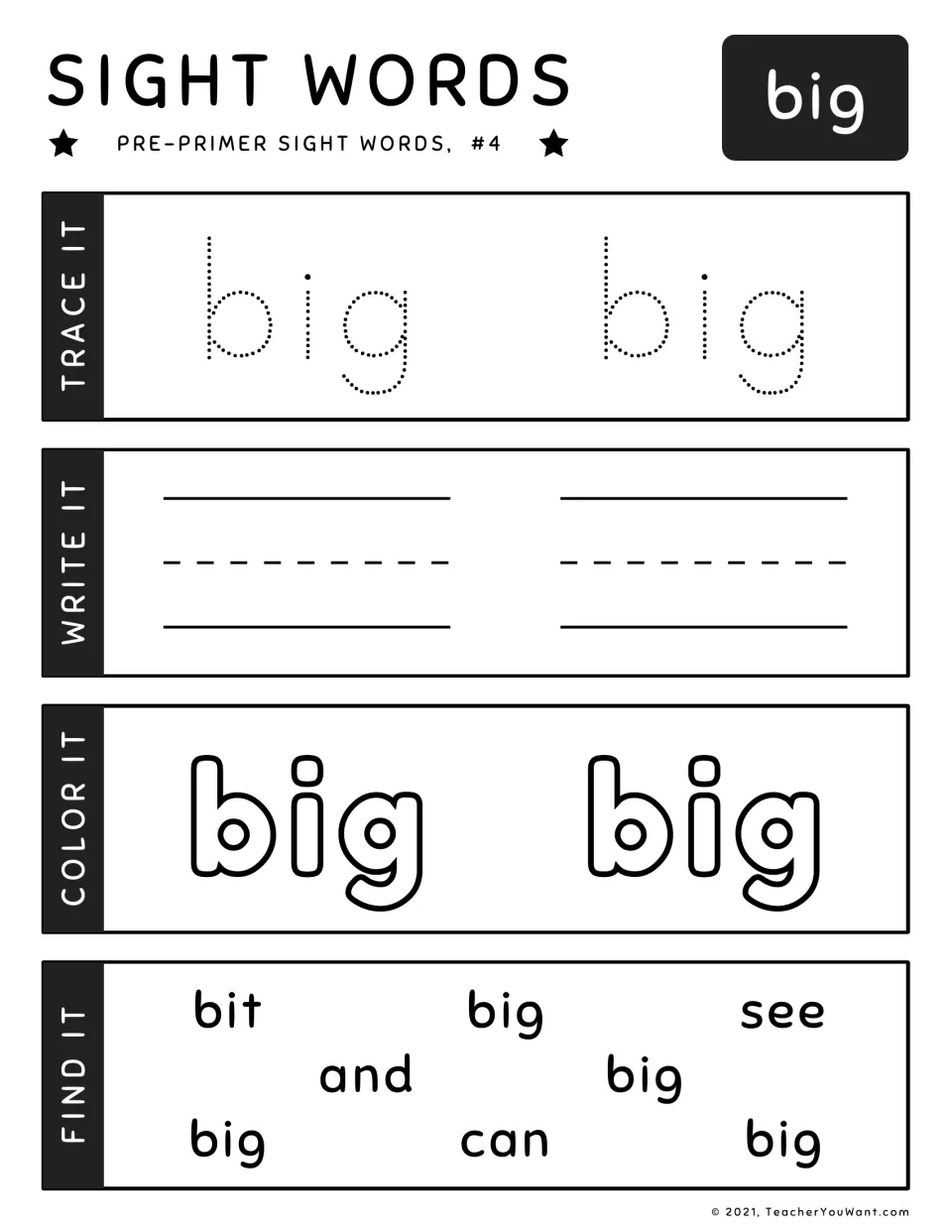 Sight word "big" (#4): trace, write and color big, then locate 4 copies of it beside look-alike bit plus see, and, can