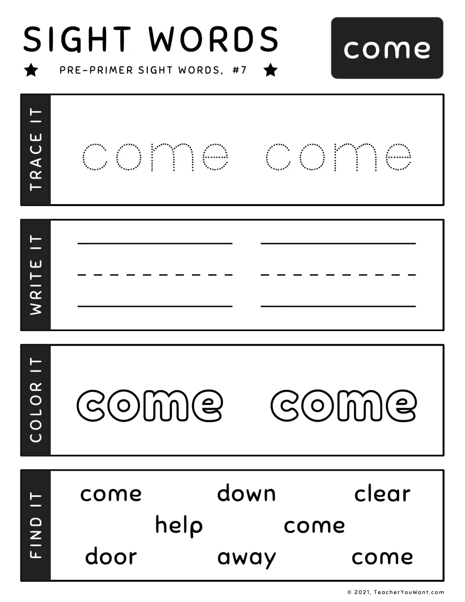 Sight word "come" (#7): students trace, write and color come, then find 3 copies among down, clear, help, door, away