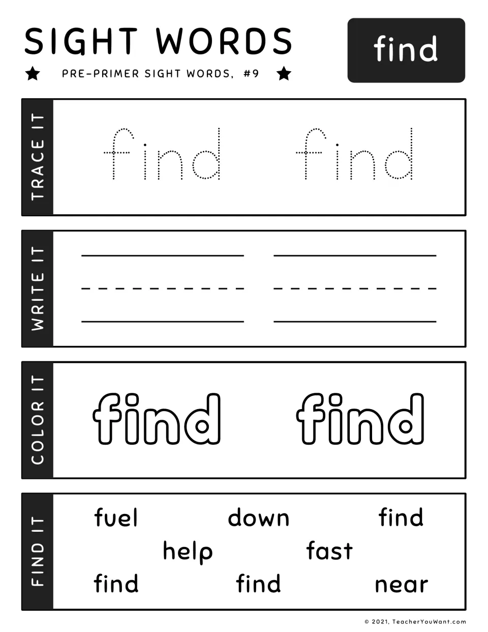 Sight word "find" (#9): students trace, write and color find, then spot it 3 times among fuel, down, help, fast, near