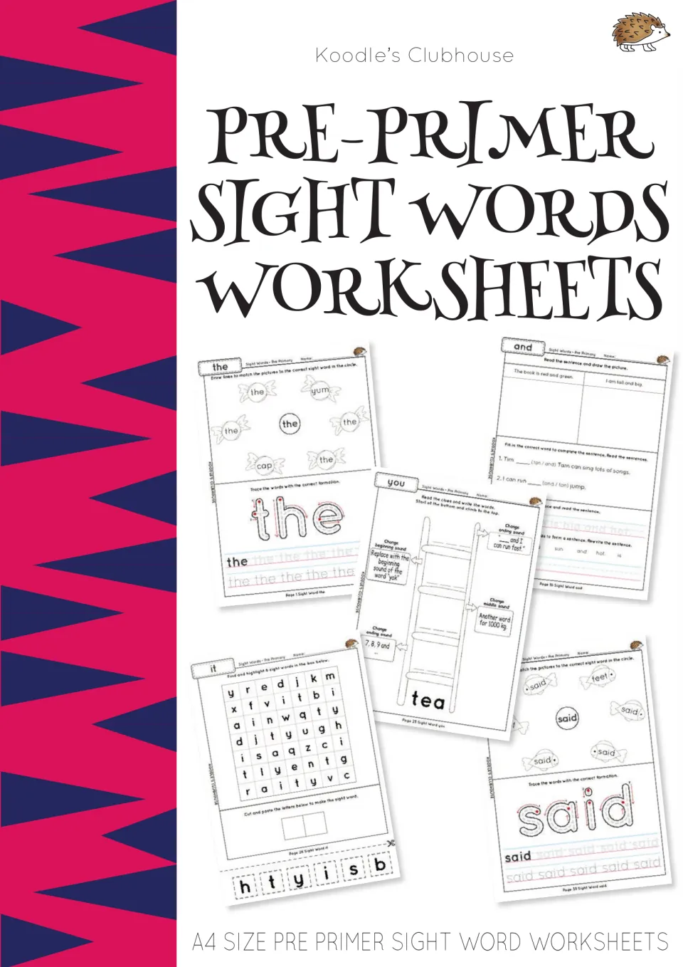 Cover of Pre-Primer Sight Words Worksheets, showing samples for the words the, and, you, it, and said