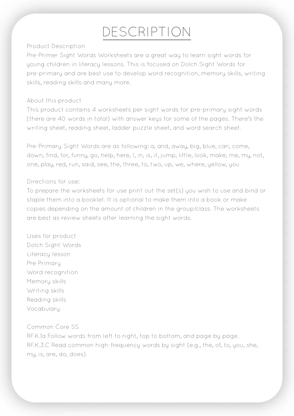 Resource overview lists 40 sight words, four worksheet types, selected answer keys, and printing directions