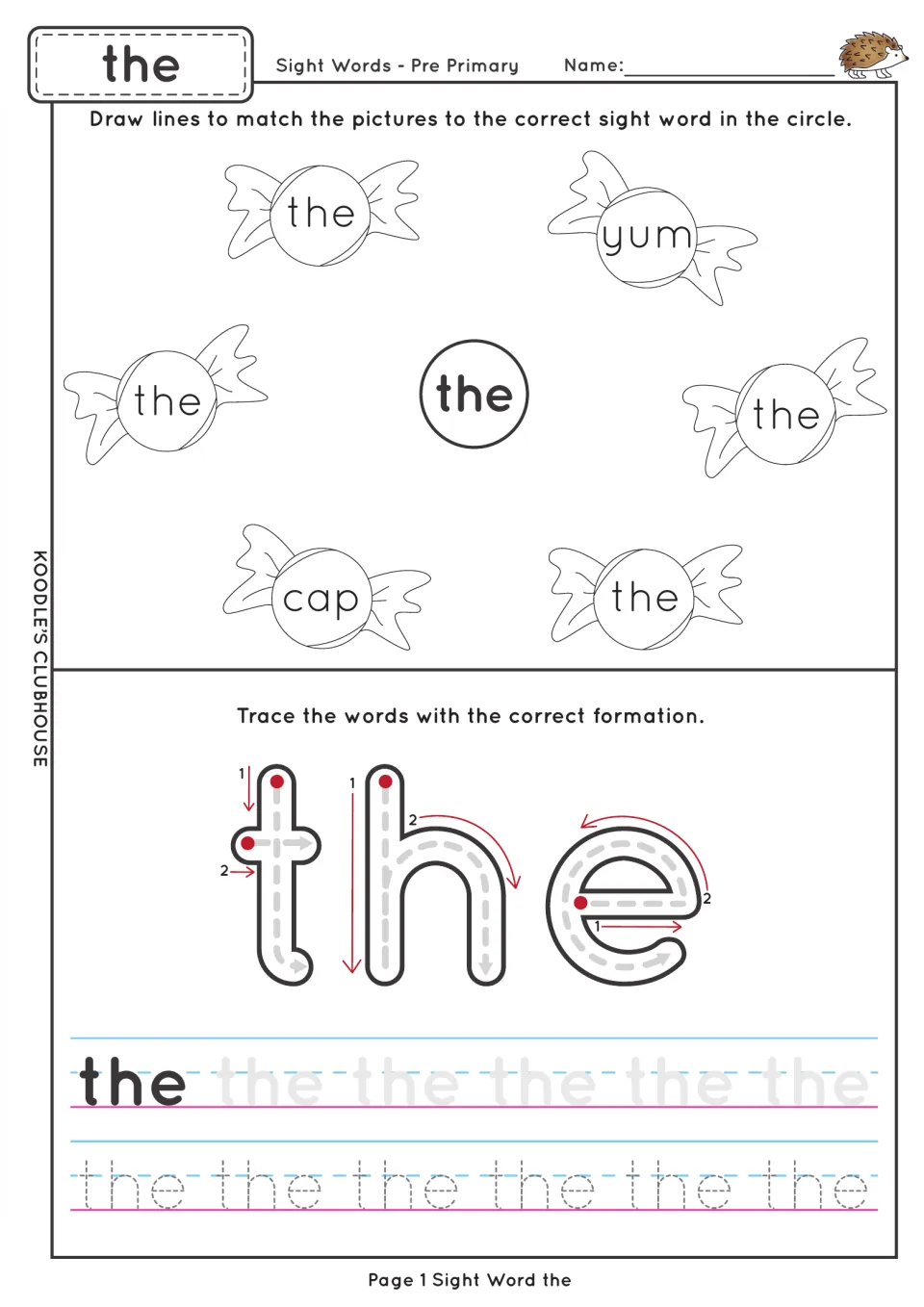 Sight word the writing worksheet: match the among yum and cap, then trace letters using formation cues