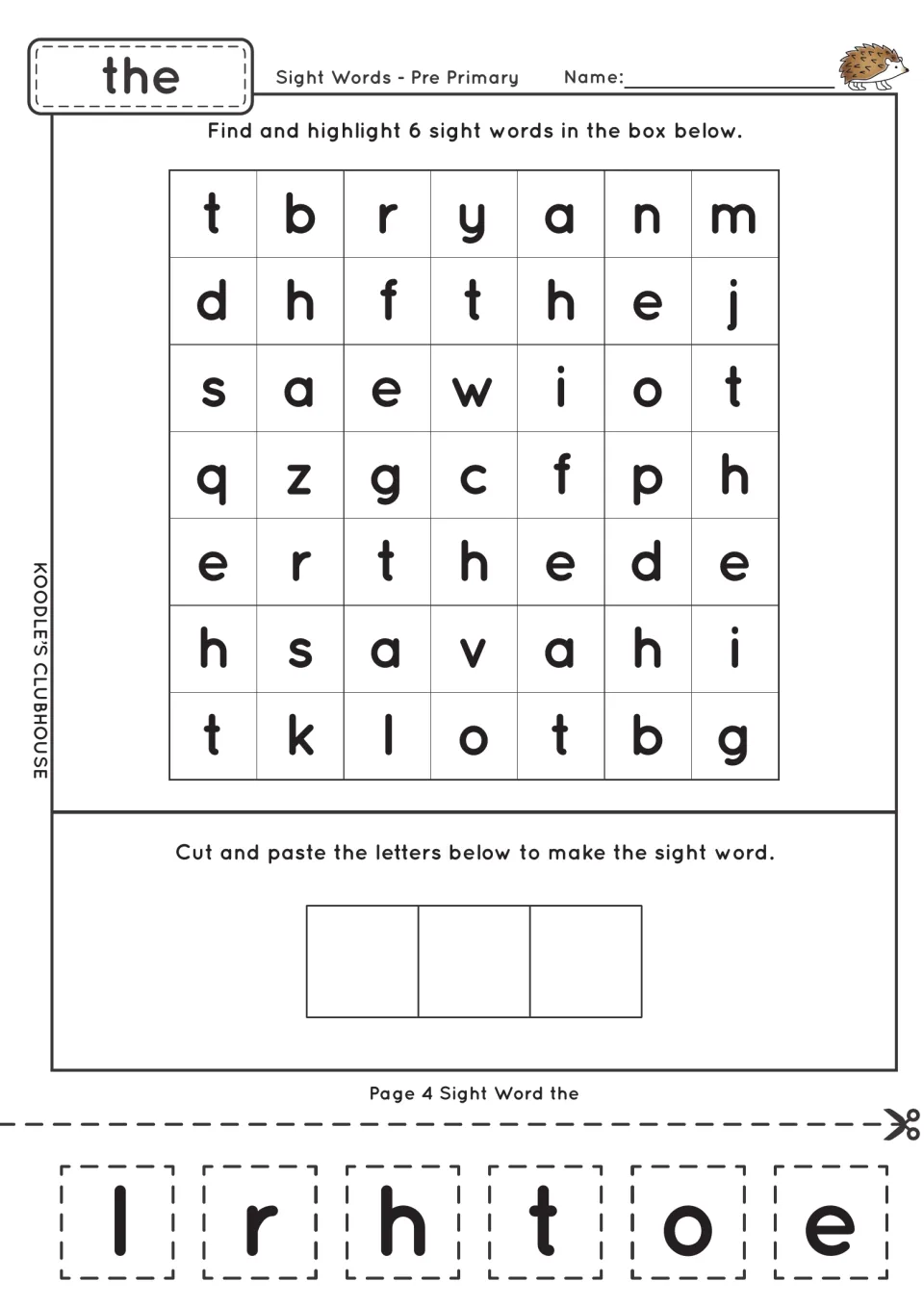 Sight word the search worksheet: find six copies of the, then cut and paste letters to spell the word