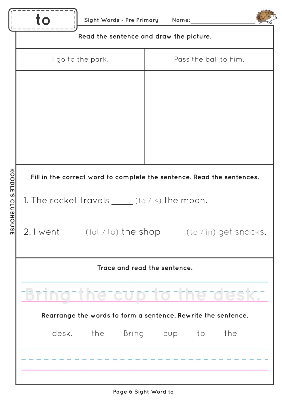 Sight word to reading worksheet: draw I go to the park, complete sentences, and trace and reorder words