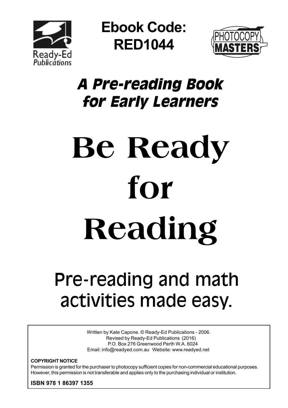Be Ready for Reading cover by Ready-Ed Publications: pre-reading and math activities, plus a copyright notice