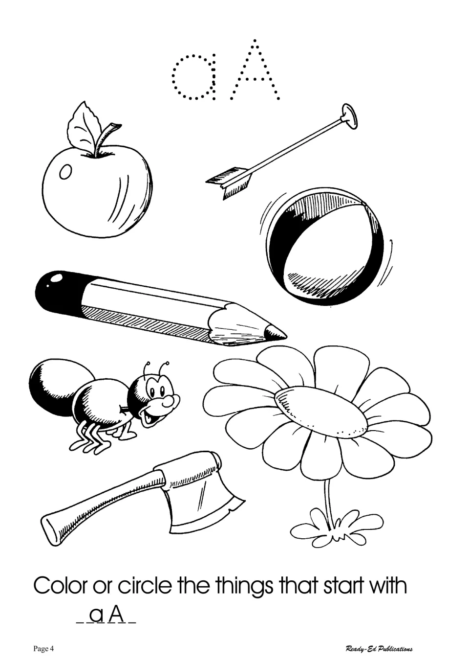 Letter Aa initial sounds: students trace dotted aA, then color or circle pictures such as apple, arrow, ant and axe