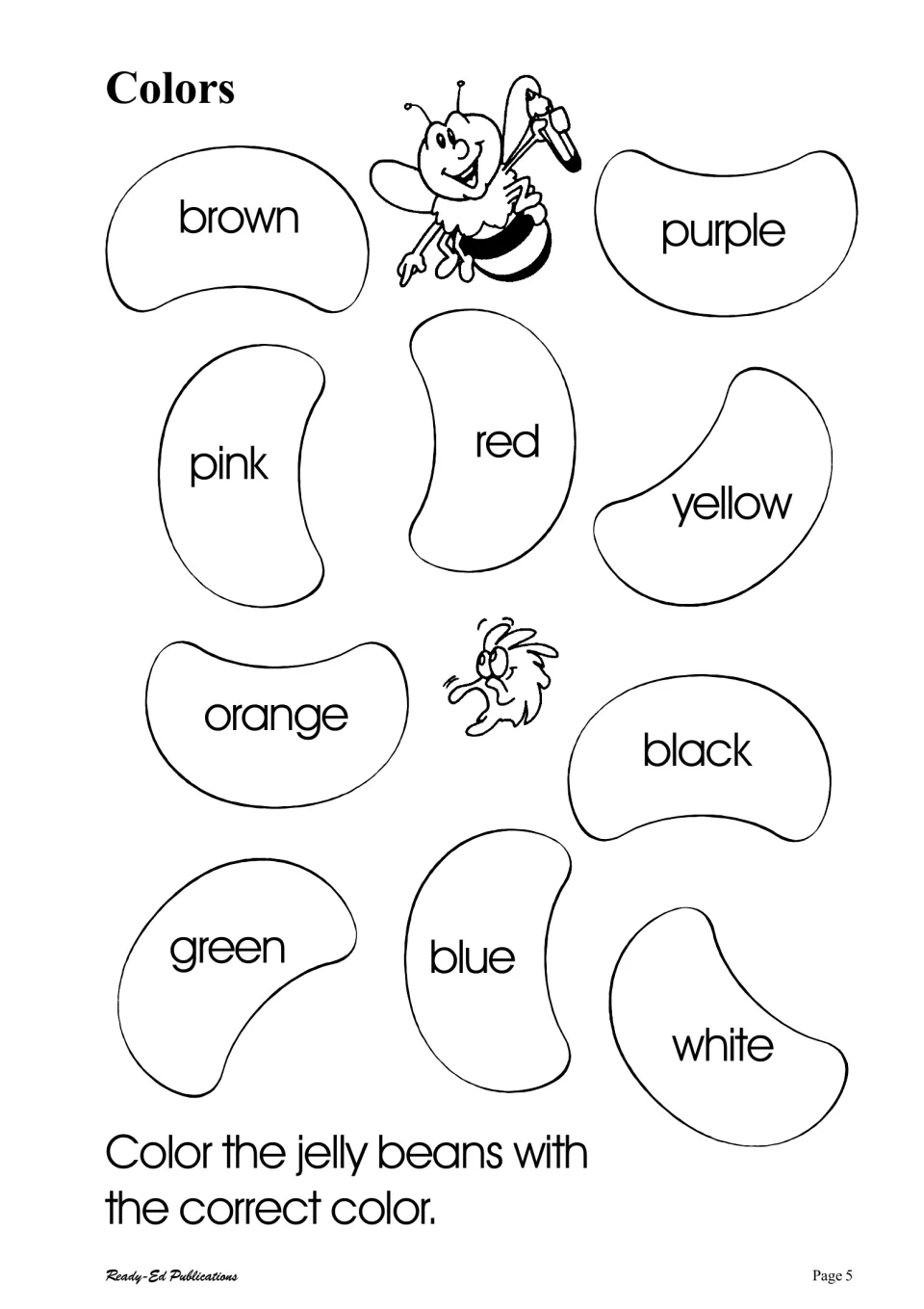 Colors: students color each jelly bean to match its color word, from brown, purple and pink to green, blue and white