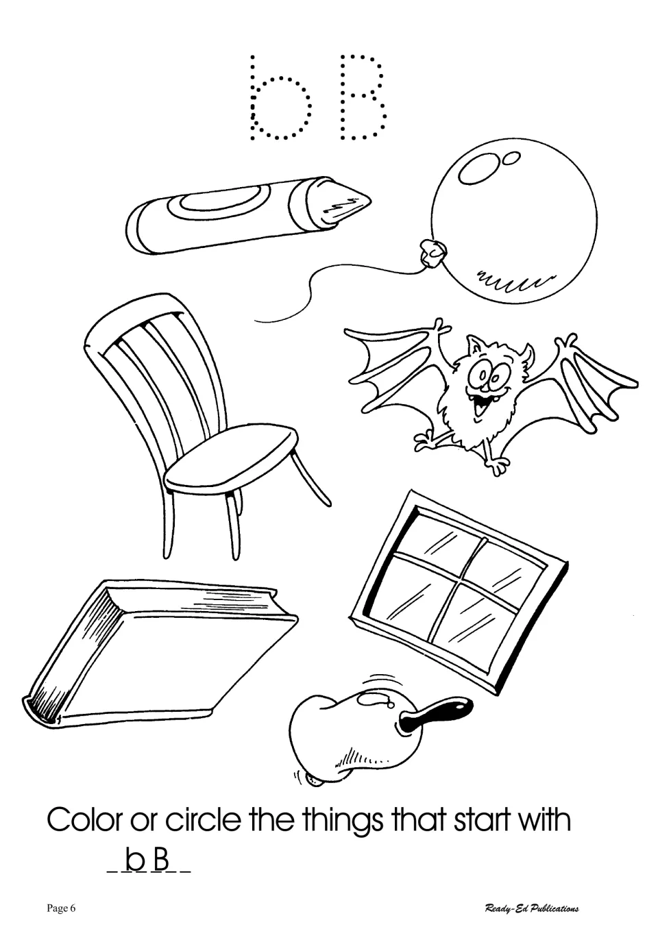 Letter Bb initial sounds: students trace dotted bB, then color or circle pictures such as balloon, bat and book