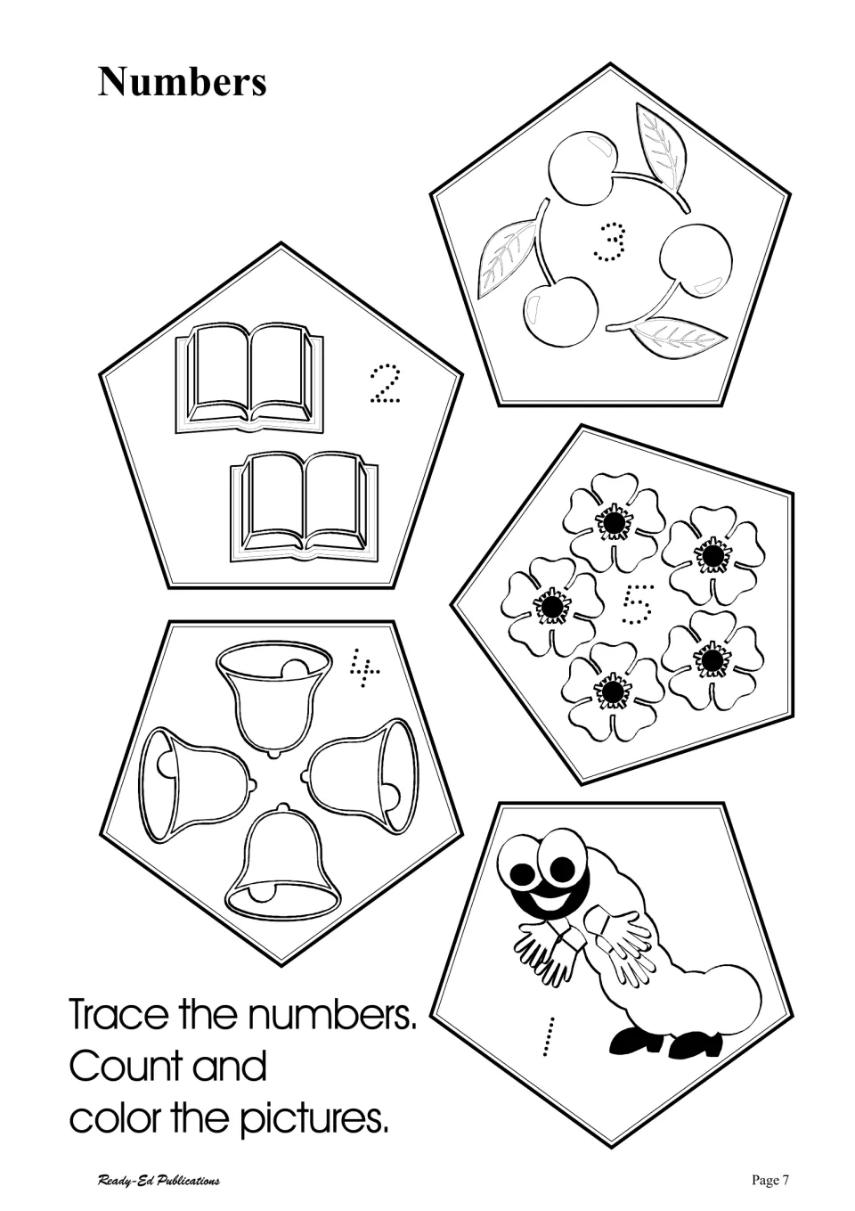 Counting 1 to 5: students trace dotted numerals, then count and color groups such as 2 books, 4 bells and 5 flowers