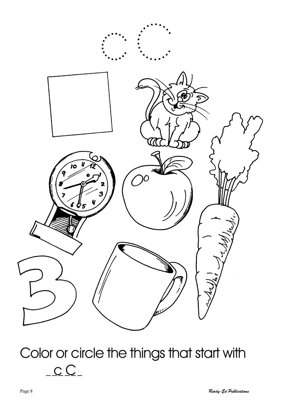 Letter Cc initial sounds: students trace dotted cC, then color or circle pictures such as cat, clock, carrot and cup