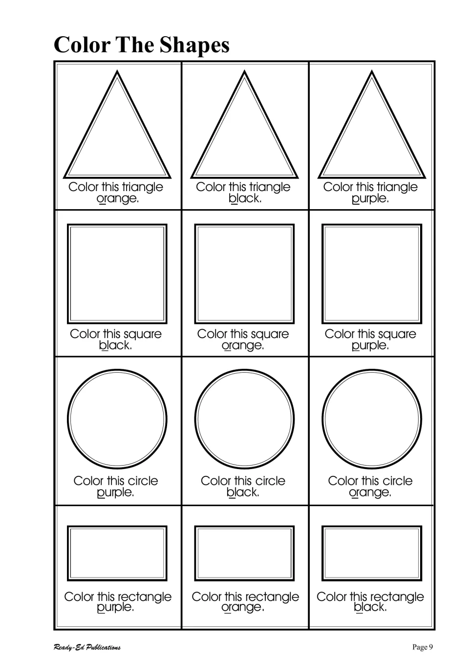 Color The Shapes: students read each label and color triangles, squares, circles and rectangles orange, black or purple