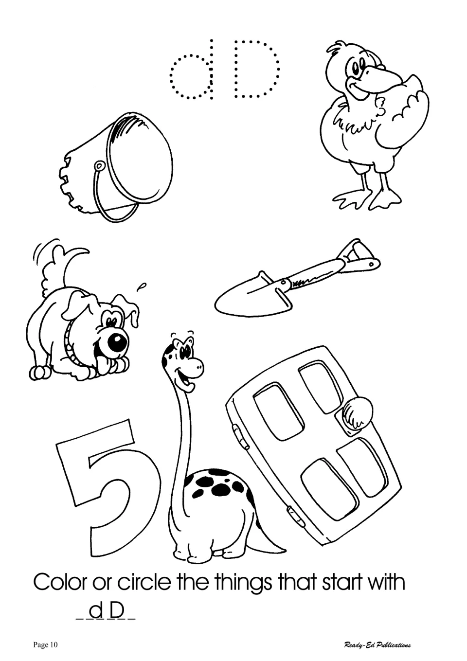 Letter Dd initial sounds: students trace dotted dD, then color or circle pictures such as duck, dog, dinosaur and door