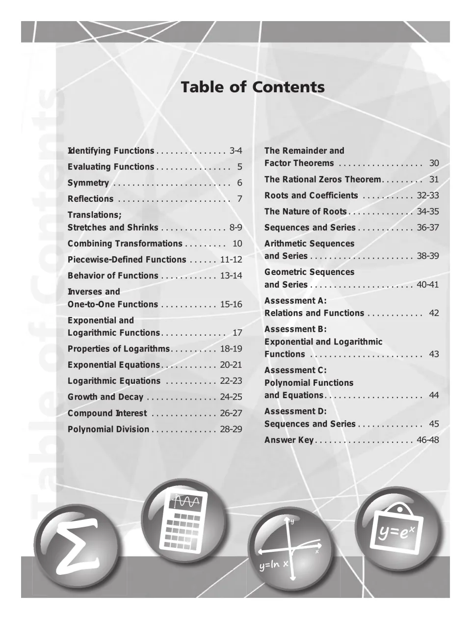Workbook contents listing function lessons, logarithms, polynomials, sequences, four assessments, and answers