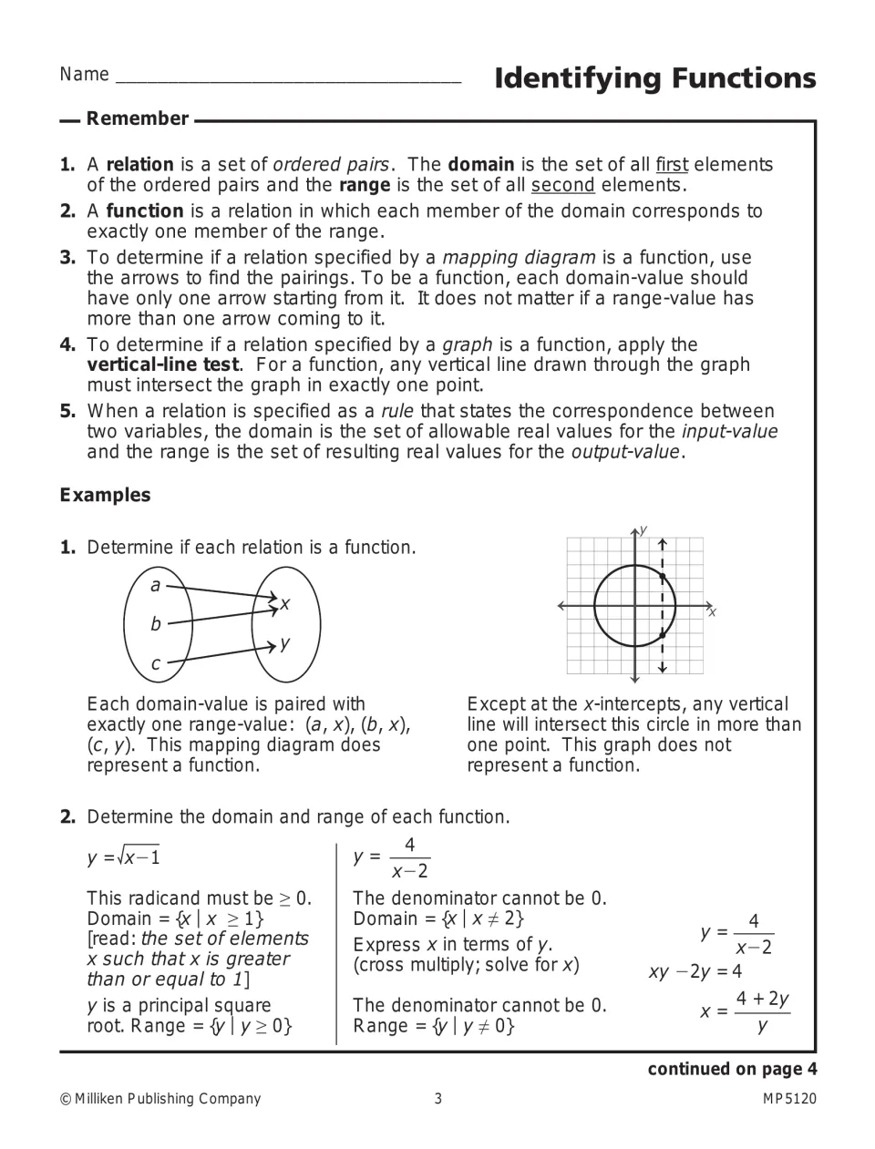 Identifying Functions lesson explains domain, range, mapping diagrams, and the vertical-line test