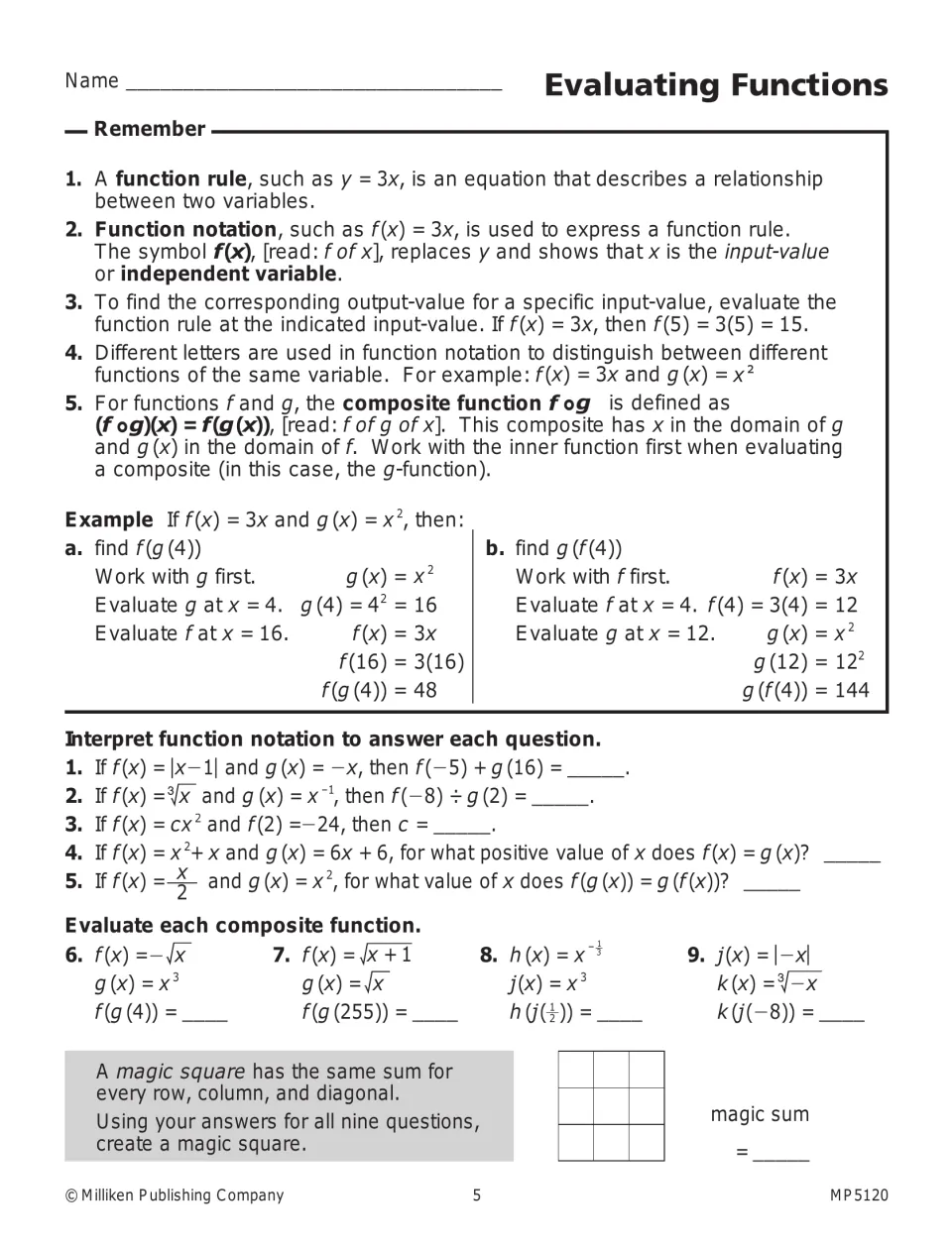 Evaluating Functions lesson covers notation and composition, with nine problems used to create a magic square