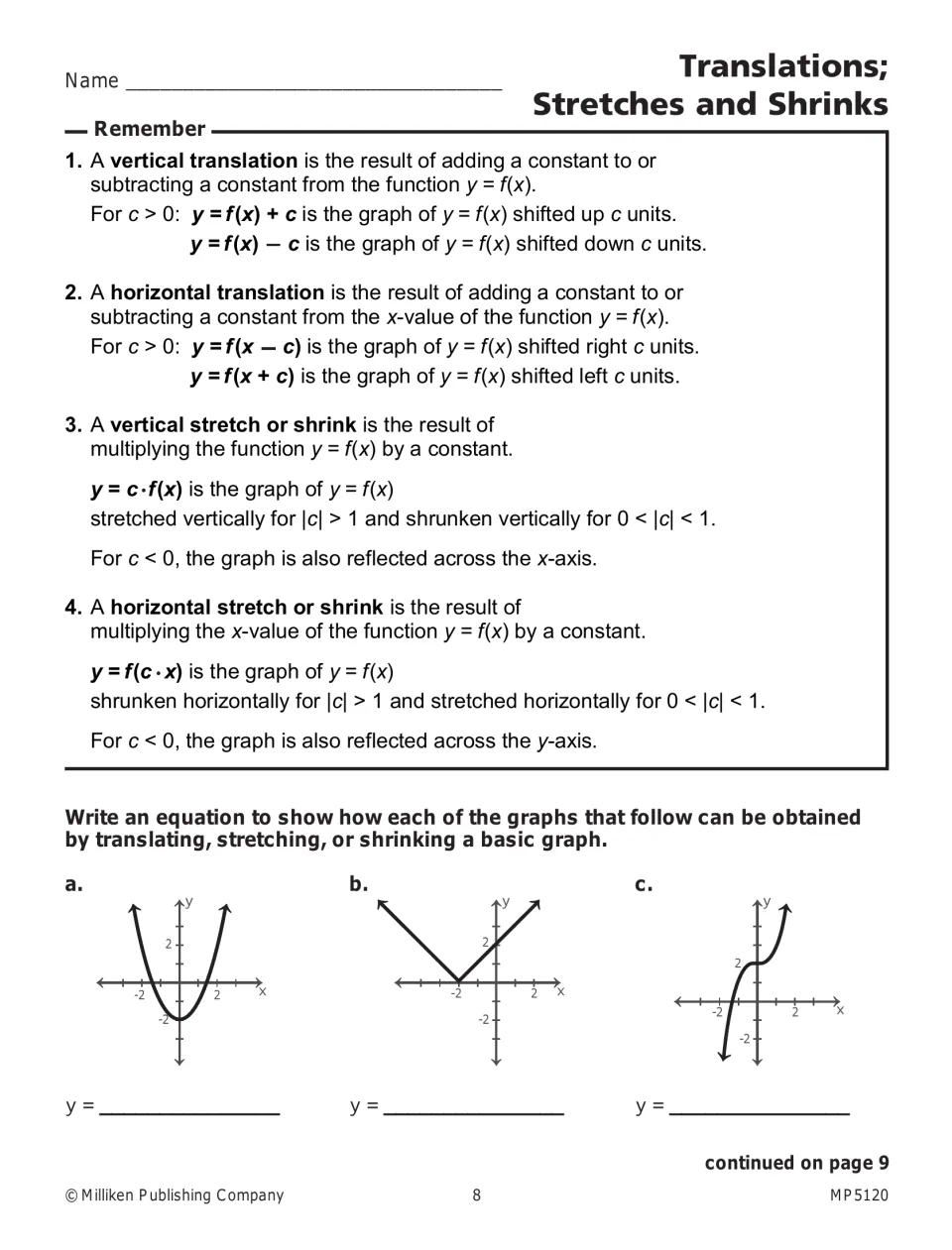 Translations, stretches, and shrinks lesson explains graph changes and asks for equations for three graphs