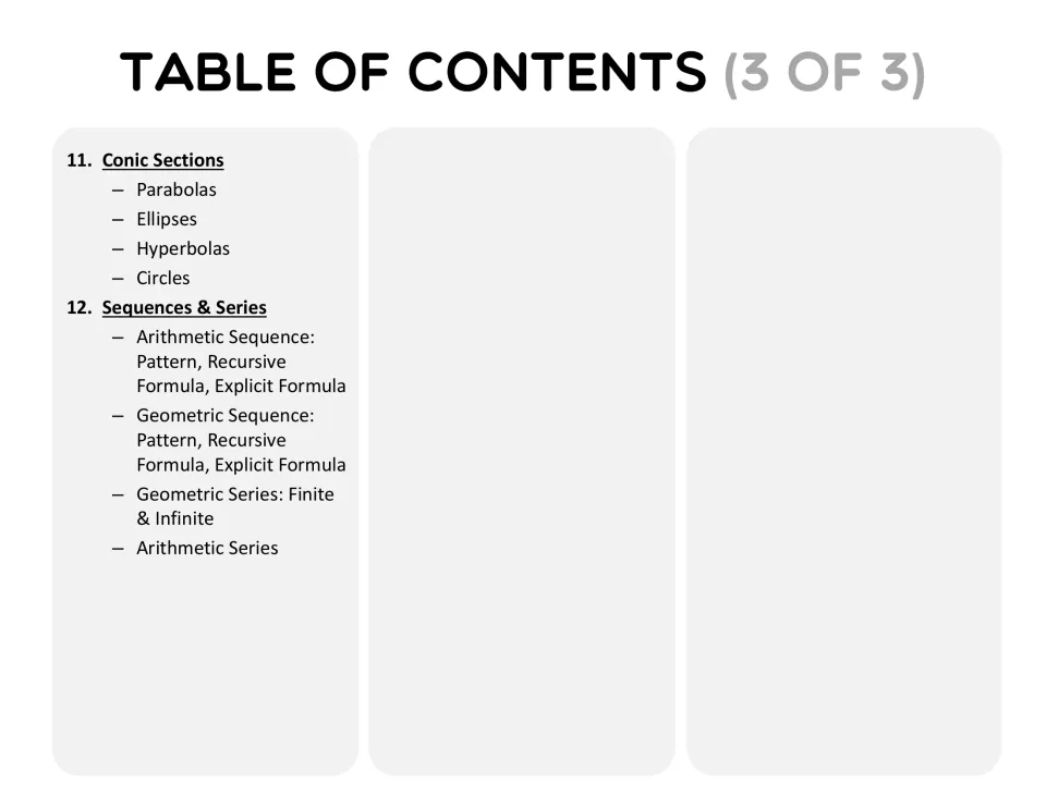 Table of contents 3 of 3: conic sections and sequences and series, including arithmetic and geometric formulas