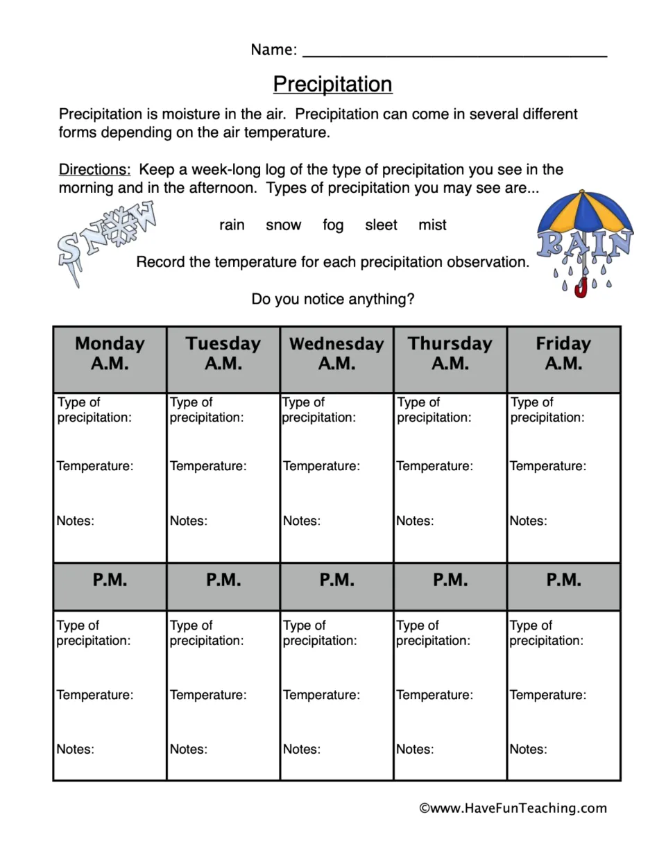 Precipitation observation log for Monday–Friday, with morning and afternoon entries for temperature and notes