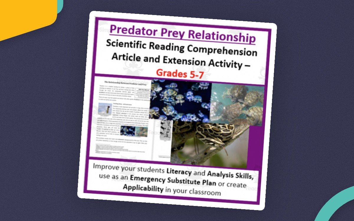 Purple Predator Prey Relationship scientific reading cover with wildlife photographs, article previews, and Grades 5–7 label.