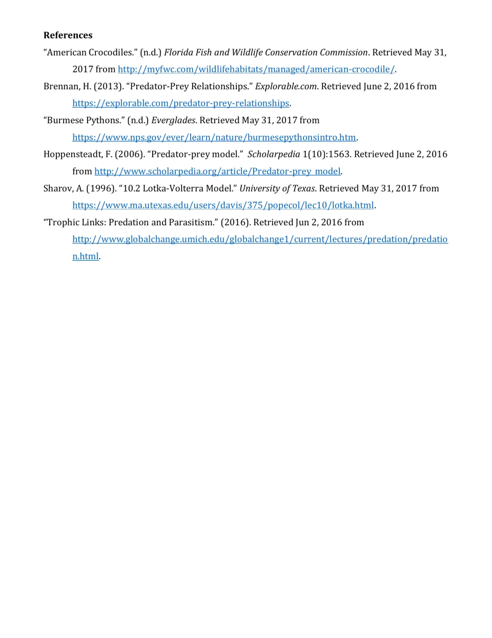 References list citing six sources on predator-prey models, American crocodiles and Burmese pythons in the everglades