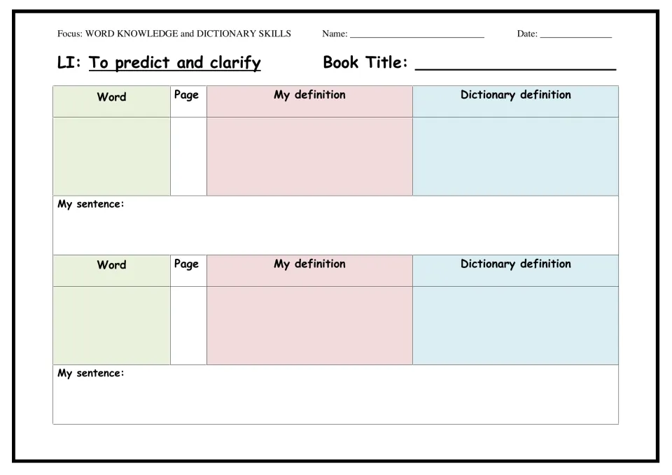 Predict and clarify vocabulary: students note a book title, define two words, check a dictionary and write sentences