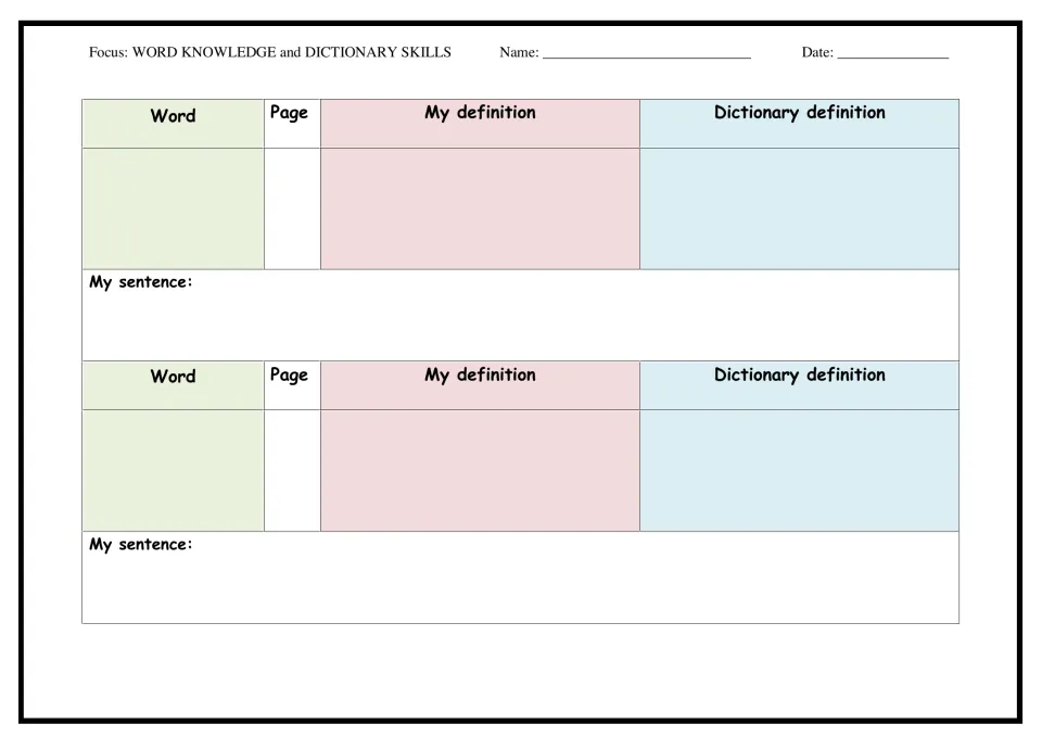 Dictionary skills, continued: students log two more words with page, guessed meaning, dictionary meaning and a sentence