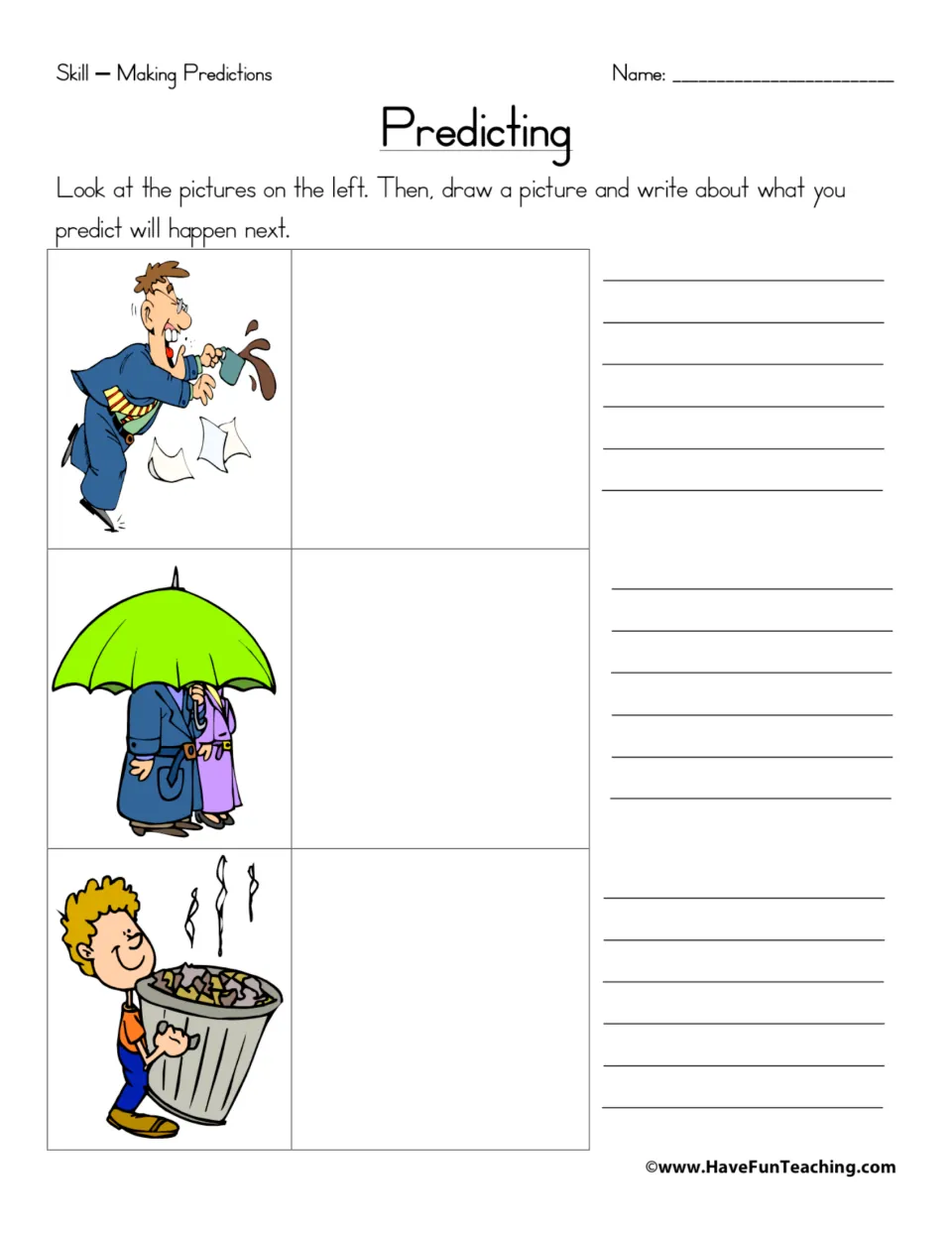 Making predictions: students draw and write what happens next after a spilled coffee, an umbrella and a smelly trash can