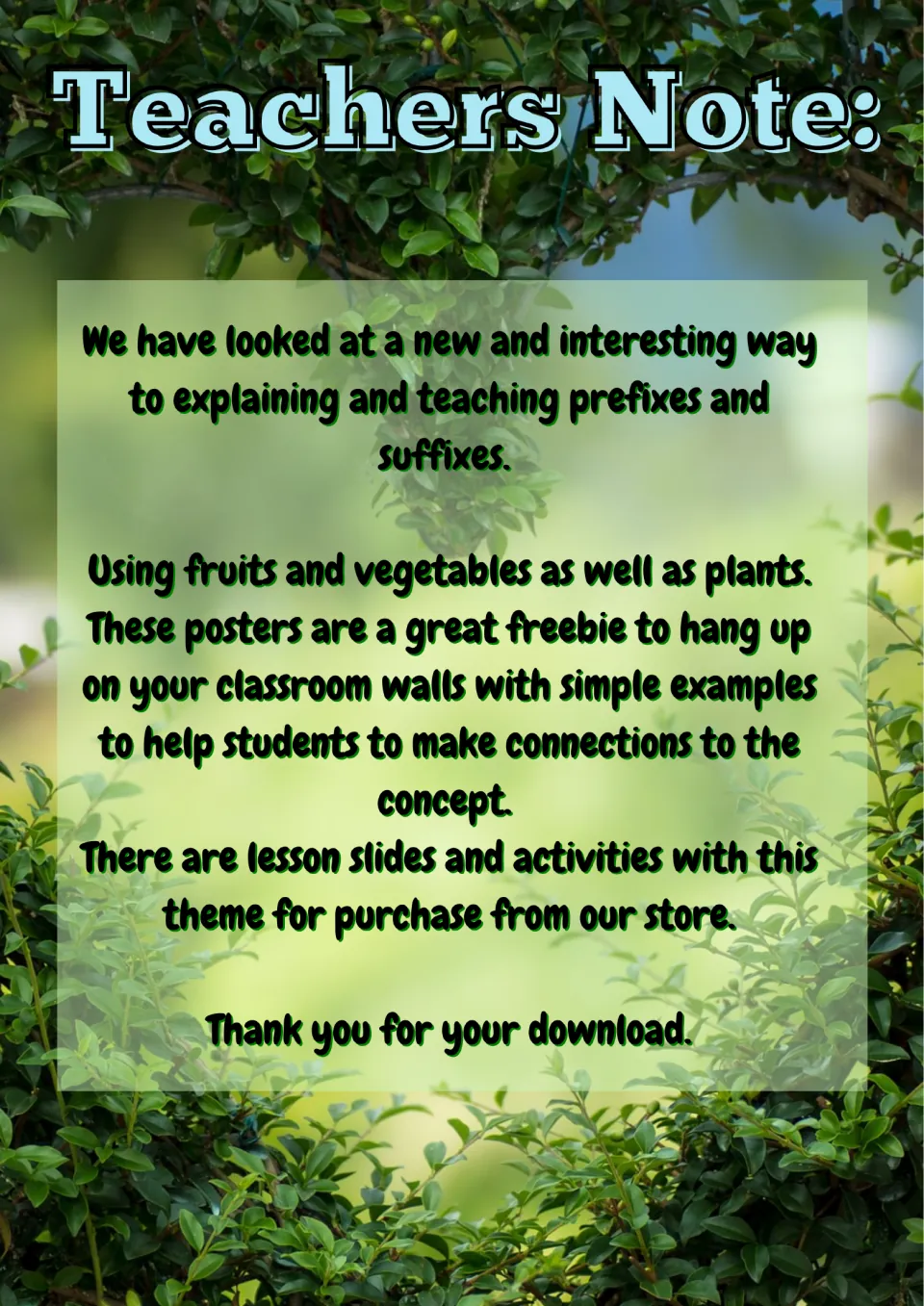 Teacher's note: posters explain prefixes and suffixes through fruit, vegetable and plant themes for classroom walls