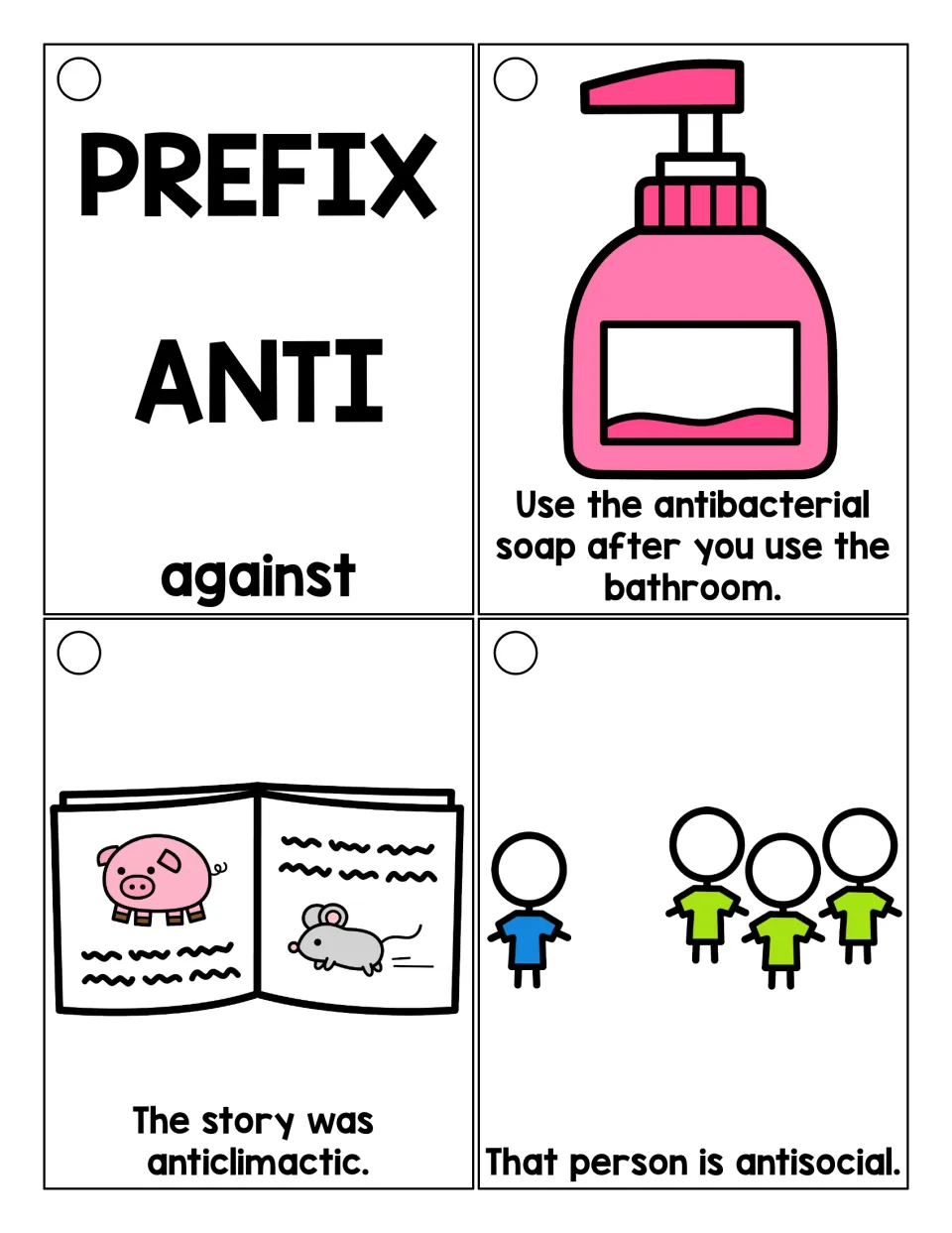 Prefix anti meaning against: title card plus picture cards to read, with antibacterial, anticlimactic and antisocial