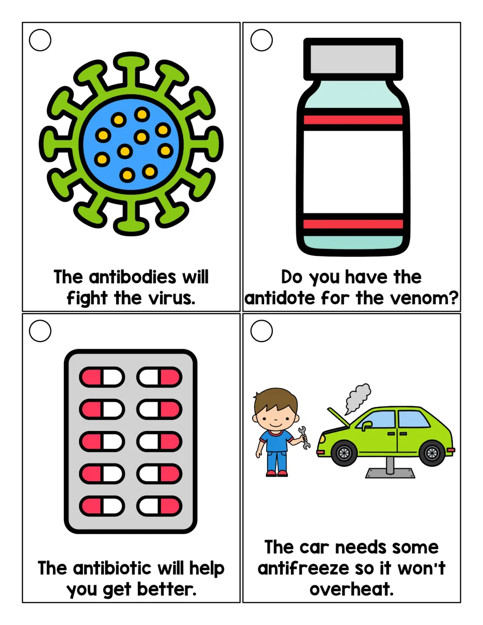 Anti- words in context: students read picture cards using antibodies, antidote, antibiotic and antifreeze in sentences