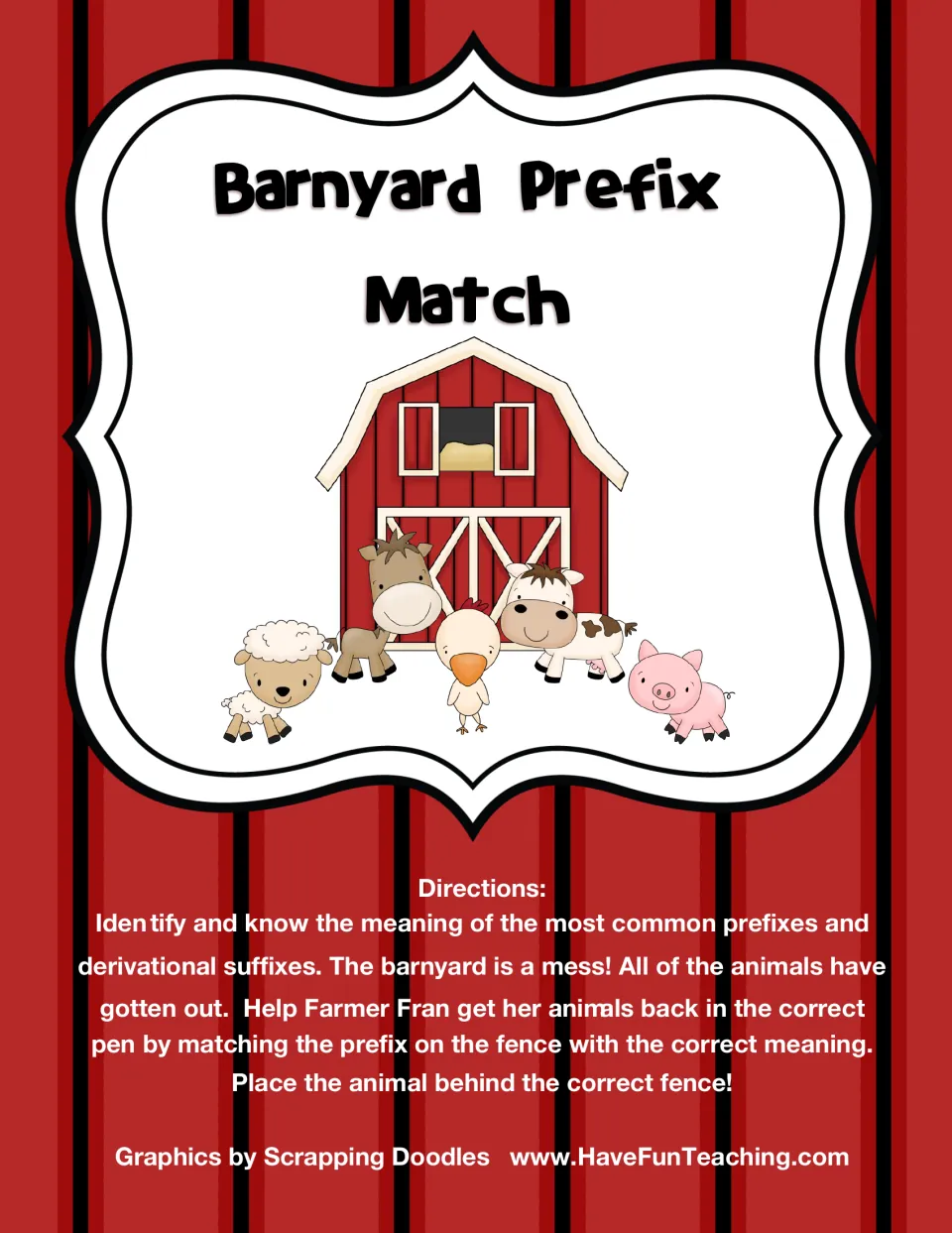 Barnyard Prefix Match cover: directions to help Farmer Fran pen her animals by matching each fence prefix to its meaning