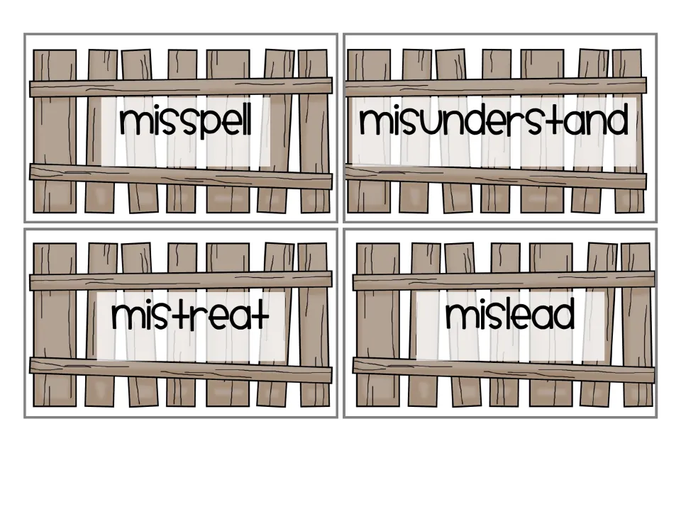 Prefix mis- fence cards: misspell, misunderstand, mistreat and mislead, each matched to a meaning about doing wrongly