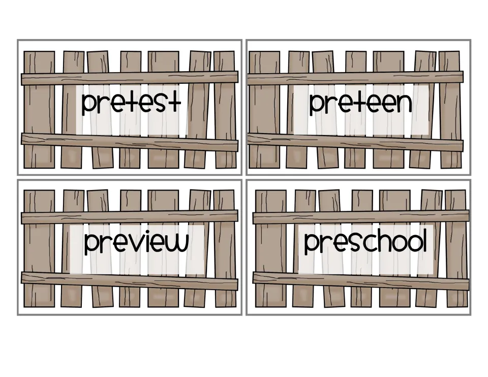 Prefix pre- fence cards: pretest, preteen, preview and preschool, more fence words for the barnyard sorting game
