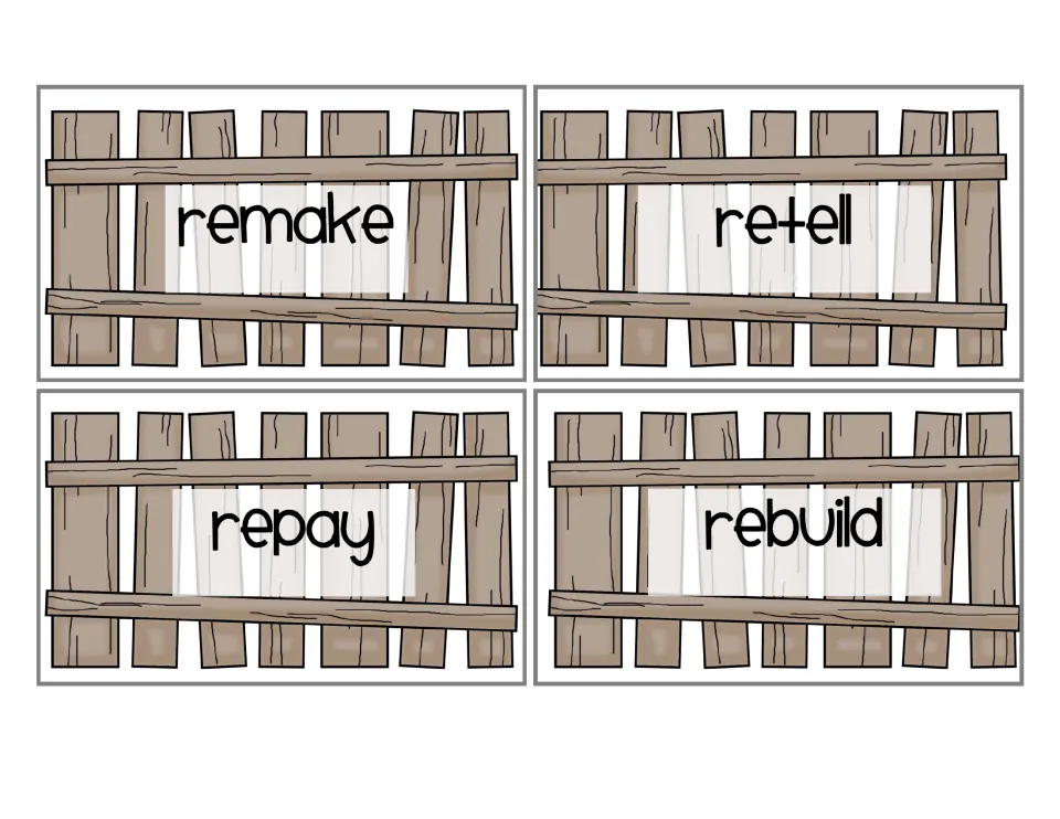 Prefix re- fence cards: remake, retell, repay and rebuild, words students read before matching each to its meaning