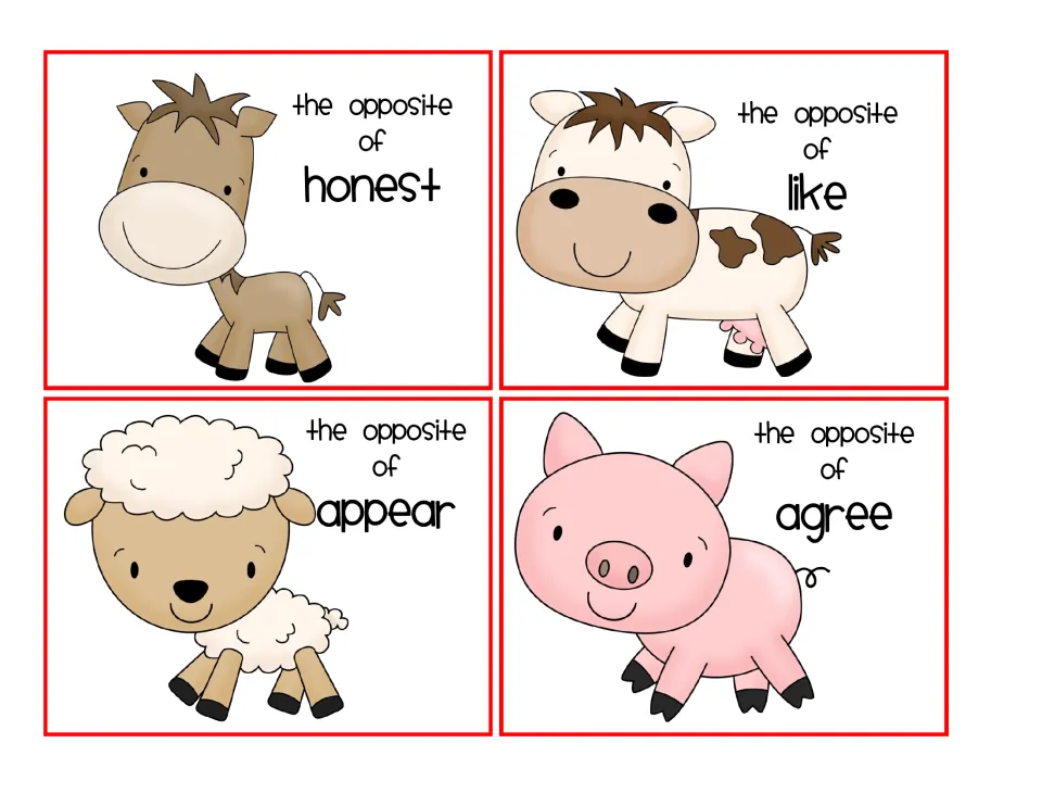 Animal meaning cards for dis- words: horse, cow, sheep and pig labeled the opposite of honest, like, appear and agree