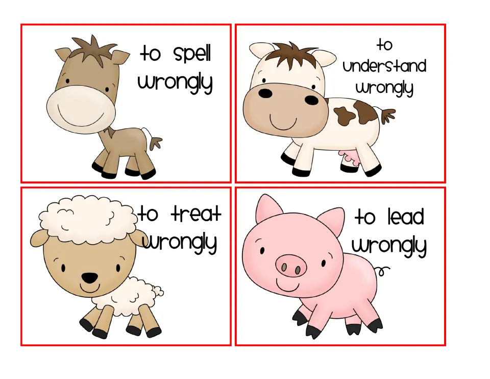 Animal meaning cards for mis- words: to spell, understand, treat and lead wrongly, shown on a horse, cow, sheep and pig