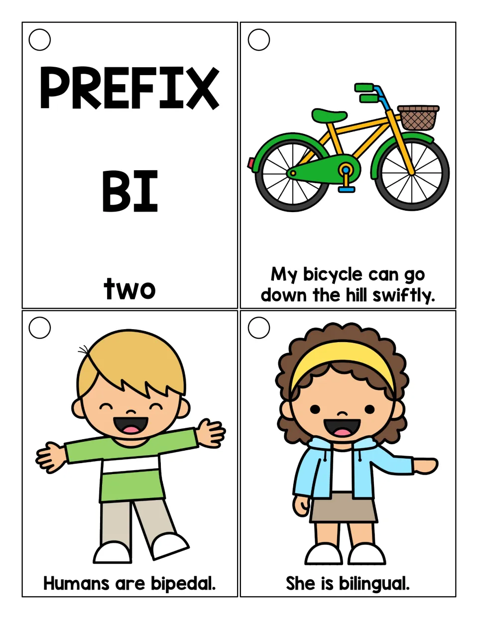 Prefix bi reading cards: a title card meaning two, then sentences using bicycle, bipedal and bilingual with pictures
