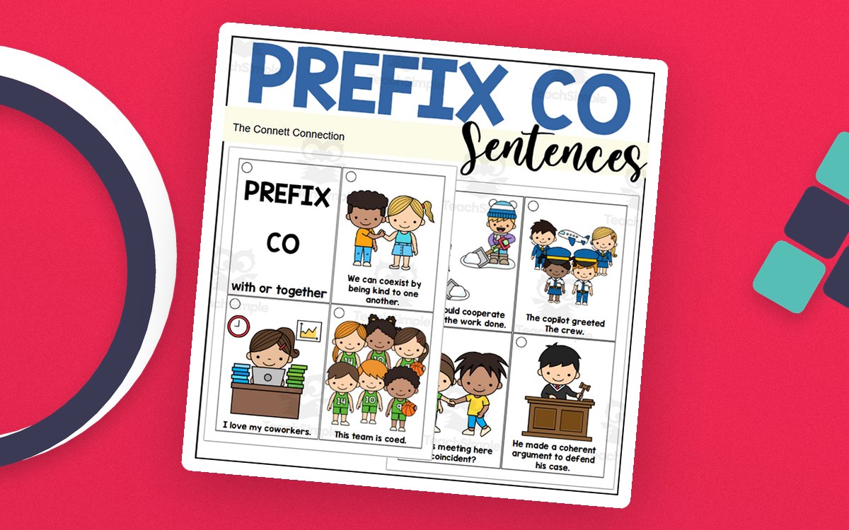 Prefix CO sentence-reading ring showing illustrated cards for words such as cooperate, coworkers and coexist.