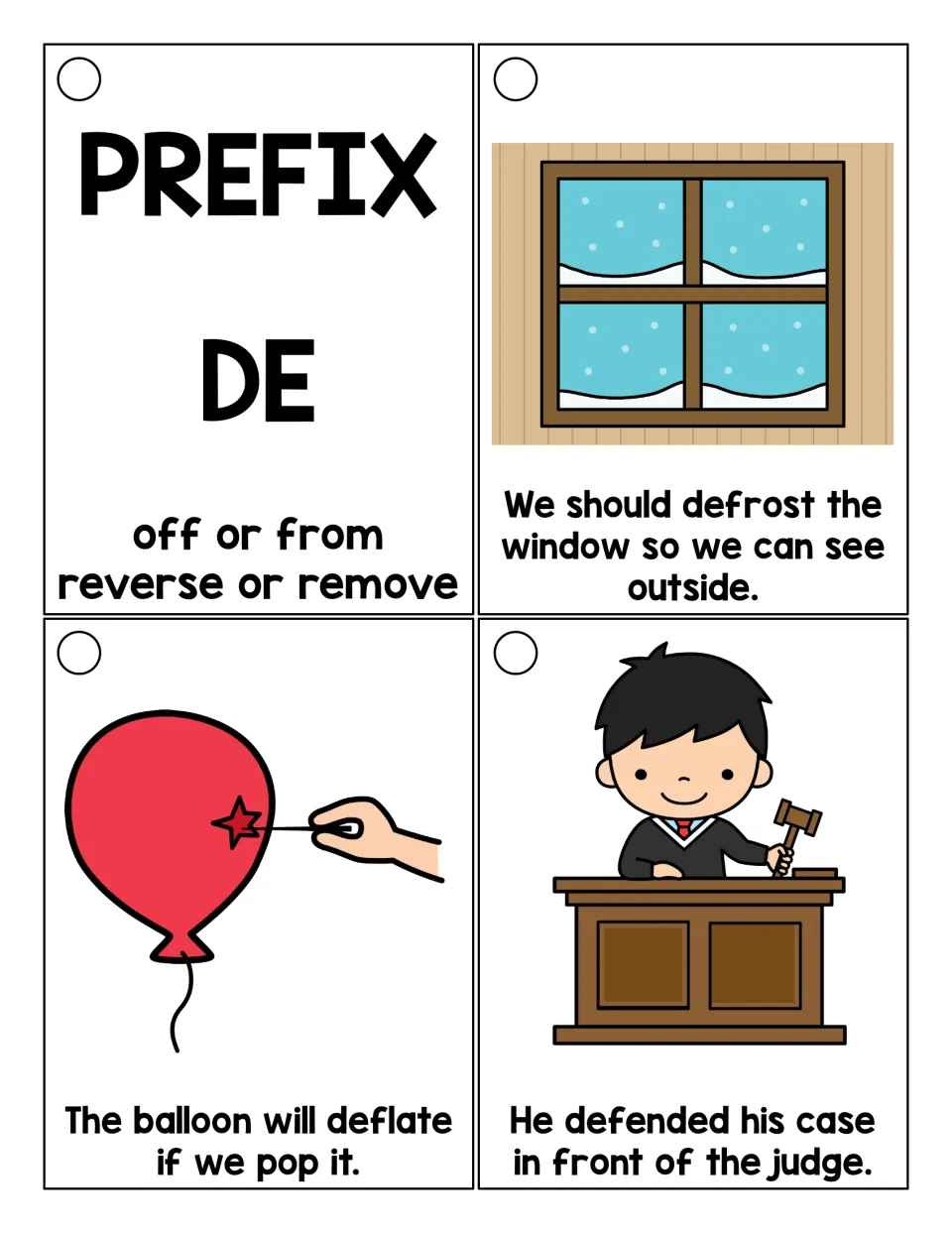 Prefix de cards: title card says off, from, reverse or remove; students read defrost, deflate and defended sentences