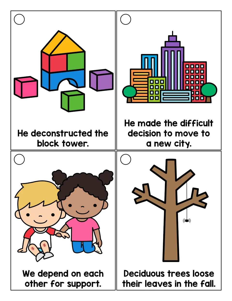 Prefix de reading cards: students read illustrated sentences using deconstructed, decision, depend and deciduous